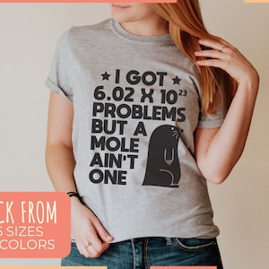 May include: A grey t-shirt with a black graphic that says "I got 6.02 x 10^23 problems but a mole ain't one". The graphic also includes a cartoon mole.