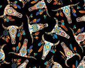Southwest Feathered Longhorn in Bright Southwest Colors on Black Cotton Fabric by Timeless Treasures