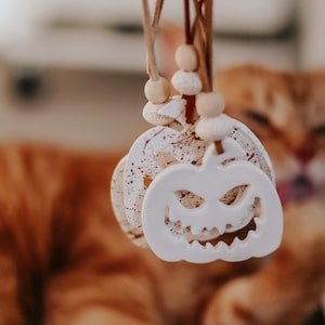 May include: White ceramic pumpkin shaped ornament with a spooky face hanging from a brown cord with white beads. The ornament is hanging in front of a blurry orange cat.