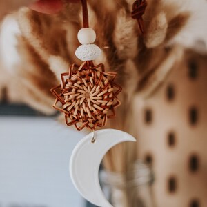 Essential Oil Car Clay Diffuser, moon and sun hanging accessory, oil diffuser, boho car accessory, Rattan moon clay Oil diffuser, freshener