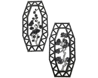 Gothic Botanical Wall Plaque Set of 2 | Black and Silver Asian-Inspired Floral Decor