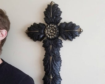 Large Gothic Wall Cross | Ornate Black Victorian Home Decor
