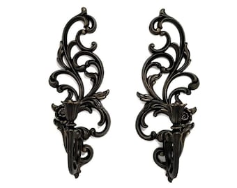 Gothic Wall Sconce Pair | Ornate Black Scroll Candle Holders | Victorian Gothic Taper Decor
