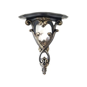 Floating Gothic Wall Shelf | Tall Black & Gold Scroll Shelf | Victorian Accent