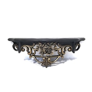 Ornate Gothic Wall Shelf | Black and Gold Scrollwork Display | Baroque Victorian Decor