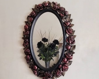 Gothic Rose Mirror | Ornate Black & Gold Oval Frame | Victorian Wall Decor with Ruby Flowers