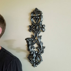 Set of 2 Gothic Wall Sconces | Silver Baroque Candle Holders | Victorian Scroll Wall Decor