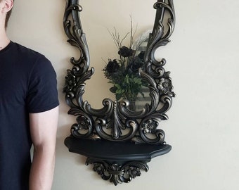 Large Gothic Mirror Shelf | Victorian Black Baroque Frame | Ornate Wall Accent