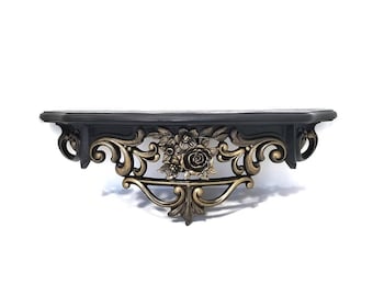 Ornate Gothic Wall Shelf | Black and Gold Scrollwork Display | Baroque Victorian Decor