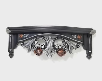 Gothic Floral Wall Shelf | Black Shelf with Ruby Roses | Gold or Silver Baroque Decor