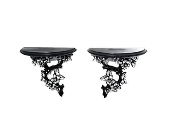 Gothic Dogwood Wall Shelves | Black & Silver Ornate Floral Set | Victorian Gothic Decor