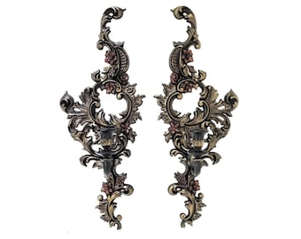 Gothic Wall Sconce Pair | Black with Gold & Ruby Rococo Candle Holders