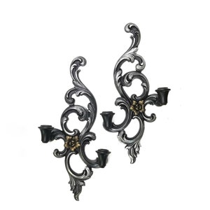 Gothic Taper Candle Holders | Victorian Wall Sconces Pair | Black Floral Scroll Decor