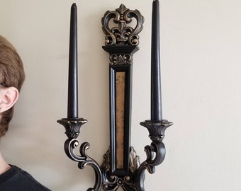 Gothic Victorian Wall Candlesticks, Vintage pair Wall Sconces; Black Candle Holders, Gothic Home Decor