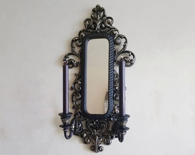 Gothic Mirror Sconce | Ornate Victorian Wall Mirror with Pair of Candle Holders