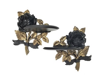 Black Rose Wall Shelves | Gothic Floral Home Decor | Victorian Gold Accent Wall Art