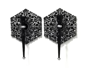 2 Gothic Baroque Wall Sconces | Black & Silver Medieval Candle Holders