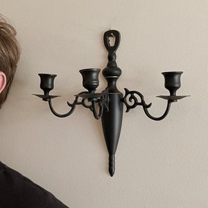 Gothic Black Brass Candle Sconces Set of 2 | 3 Arm Wall Accent | Vintage Gothic Home Decor
