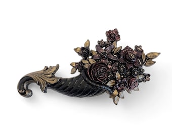Gothic Black Cornucopia Wall Plaque | Victorian-Inspired Dark Floral Decor | Vintage Wall Art