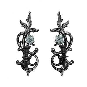 Gothic Candle Sconce Set | Black Wall Sconces with Blue Patina Floral Detail | Victorian Taper Holders | Elegant Gothic Decor