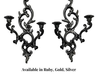 Gothic Wall Sconces | 2-Arm Candle Holders | Victorian Scroll Pair | Available in Ruby, Gold, Silver | Gothic Home Decor