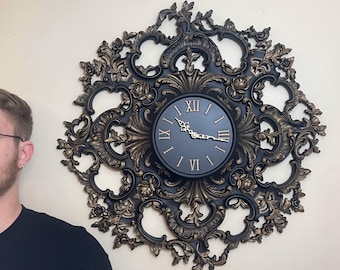 Gothic Wall Clock | Black & Gold Baroque Victorian Decor | Large Ornate Round Accent