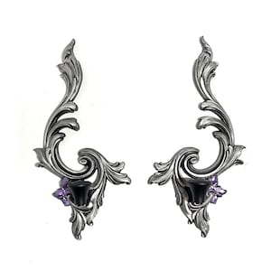 Gothic Wall Candle Sconce Set | Silver Rococo Scroll | Purple Flower Decor