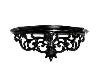 Vintage Burwood Regal, schwarzes Wandregal, großes Regal, schwarzes schwebendes Regal, verziertes Regal, gotisches viktorianisches Dekor, gotisches Wohndekor