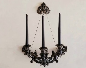 Gothic Victorian Wall Candlestick, Vintage Wall Sconce; Black Candle Holder, Gothic Home Decor; 3-candle holder