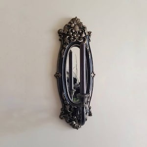 Black and Gold Mirror Sconce | Victorian Wall Mirror with Candle Holder | Gothic Accent Decor | Ornate Frame