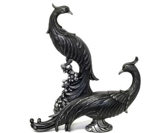 Gothic Peacock Statues | Black & Silver Bird Figurines | Baroque Table Decor