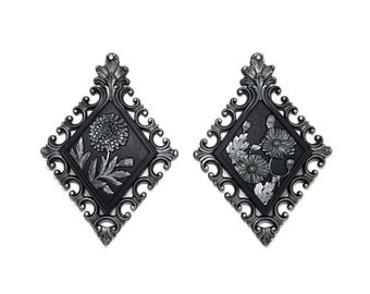 Vintage Gothic Floral Wall Plaques | Black & Silver Diamond Shaped Decor
