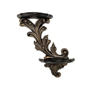 Gothic 2 Tier Wall Shelf | Black & Gold Baroque Scroll Shelf | Vintage Decor