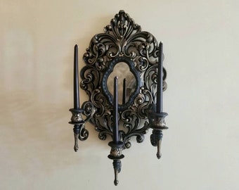 Gothic Victorian Wall Candlestick, Vintage Wall Sconce and Mirror, Vintage Smoked Mirror, Gothic Home Decor, Burwood