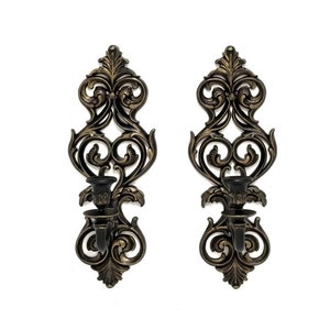 Gothic Victorian Wall Candlesticks, Vintage pair Wall Sconces; Black Candle Holders, Gothic Home Decor