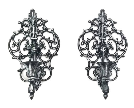 Gothic Victorian Wall Candlesticks, Vintage Pair Wall Sconces