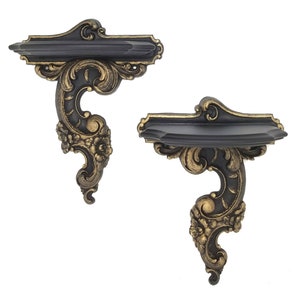 Gothic Wall Shelf Pair | Baroque Black & Gold Floating Shelves | Victorian Accent Decor