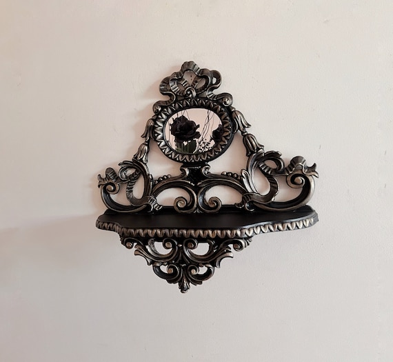 Gothic Mirror Shelf | Black and Gold Italian Wall Decor | Baroque Gallery Accent