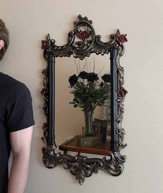 Gothic Wall Mirror | Ornate Floral Frame | Black & Ruby Victorian