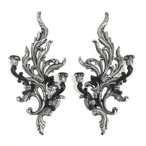 Large Gothic Wall Sconces Set of 2 | Black & Silver Scroll Candle Holders