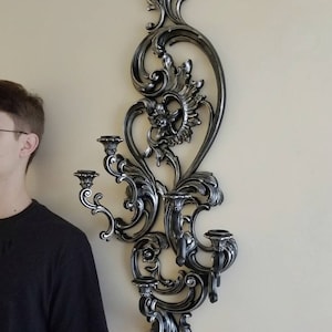 Gothic Victorian Wall Candlestick, Vintage Wall Sconce; Black Candle Holder, Gothic Home Decor, Dart Industries, Large Wall Art