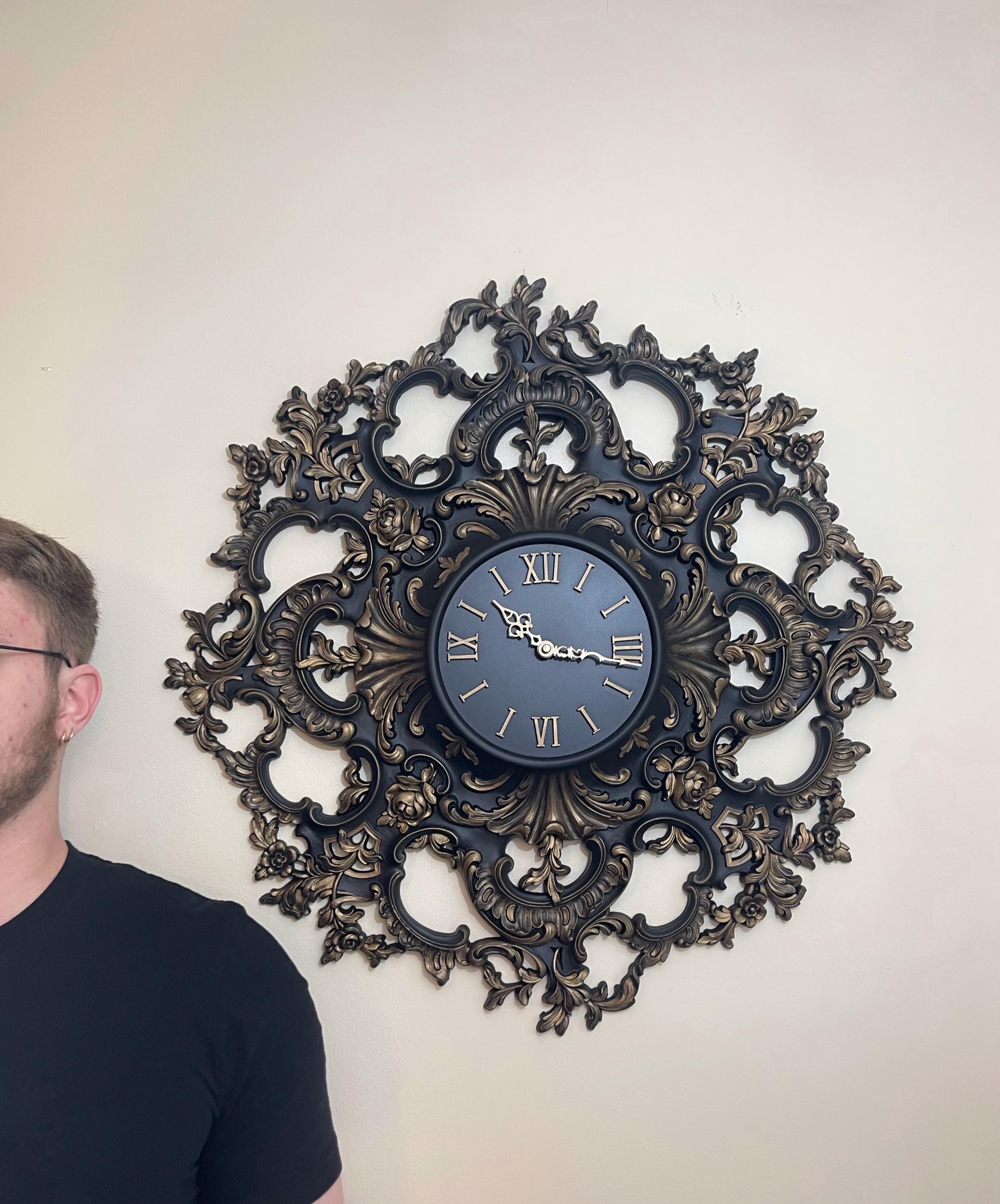 Gothic Wall Clock | Black & Gold Baroque Victorian Decor | Large