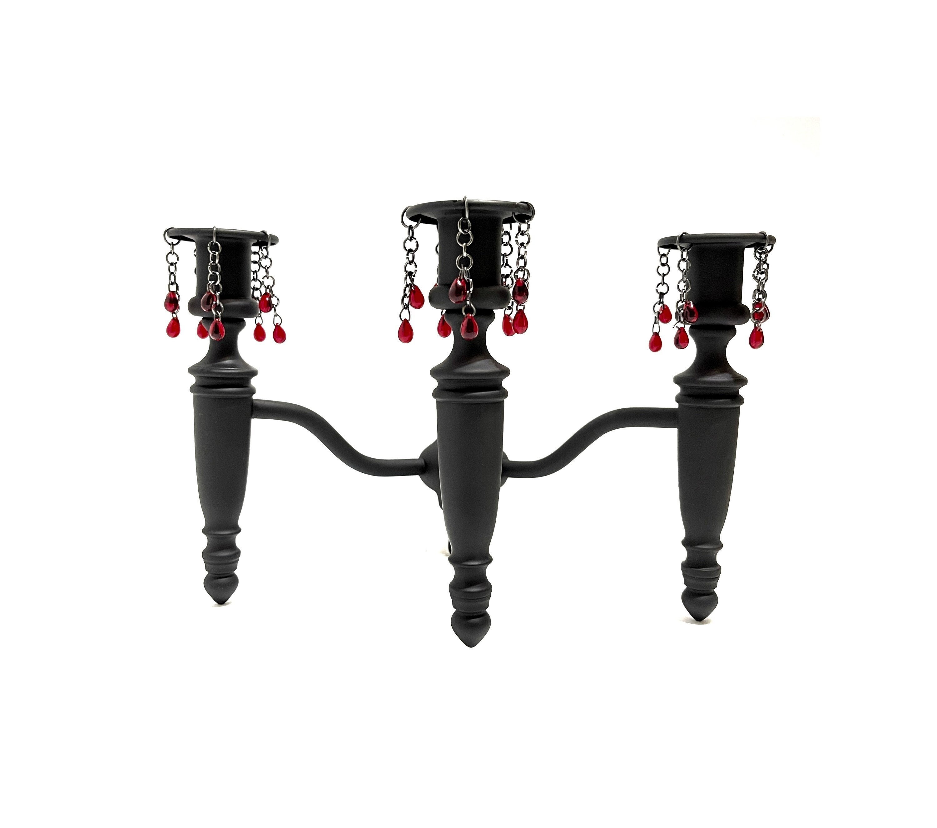 Gothic Wall Sconce | Black 3-Arm Candle Holder with Red Crystal Drops