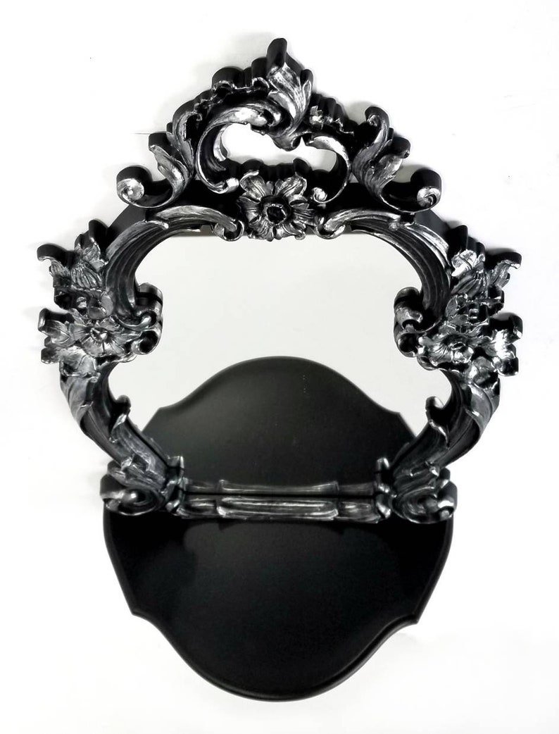 Gothic Silver Mirror Shelf | Baroque Wall Mirror | Victorian Vanity Decor image 8