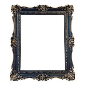 May include: An ornate black picture frame with gold detailing. The rectangular frame has elaborate floral and scrollwork patterns on the corners and sides. The frame is empty, with a white background.