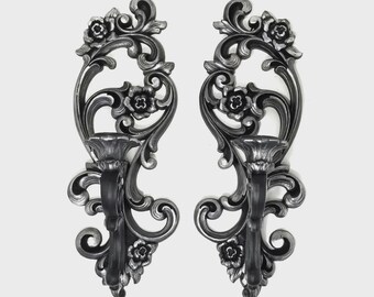 Gothic Sconce Pair | Black Wall Candle Holders | Ruby, Gold, or Silver Accents