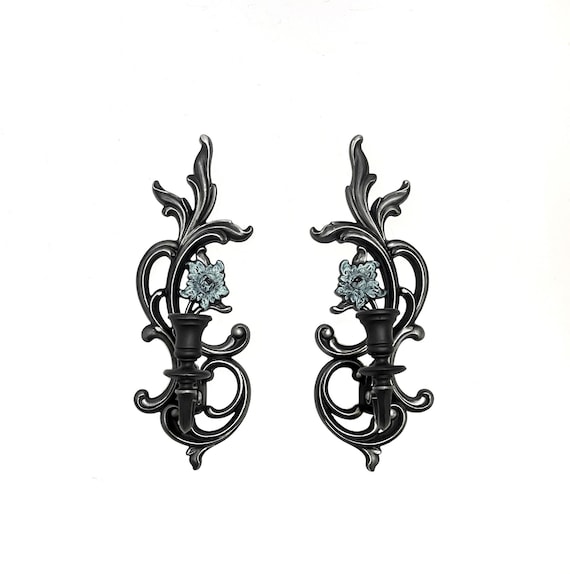Gothic Candle Sconce Set | Black Wall Decor with Blue Patina Floral Detail