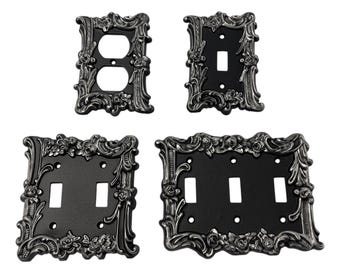 Gothic Light Switch Cover | Black & Silver Baroque Plate | Victorian Gothic Hardware