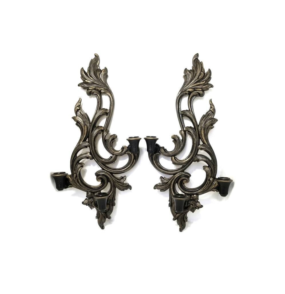 2 Gothic Wall Sconces | Black & Gold Baroque 3 Taper Victorian Candle Holders