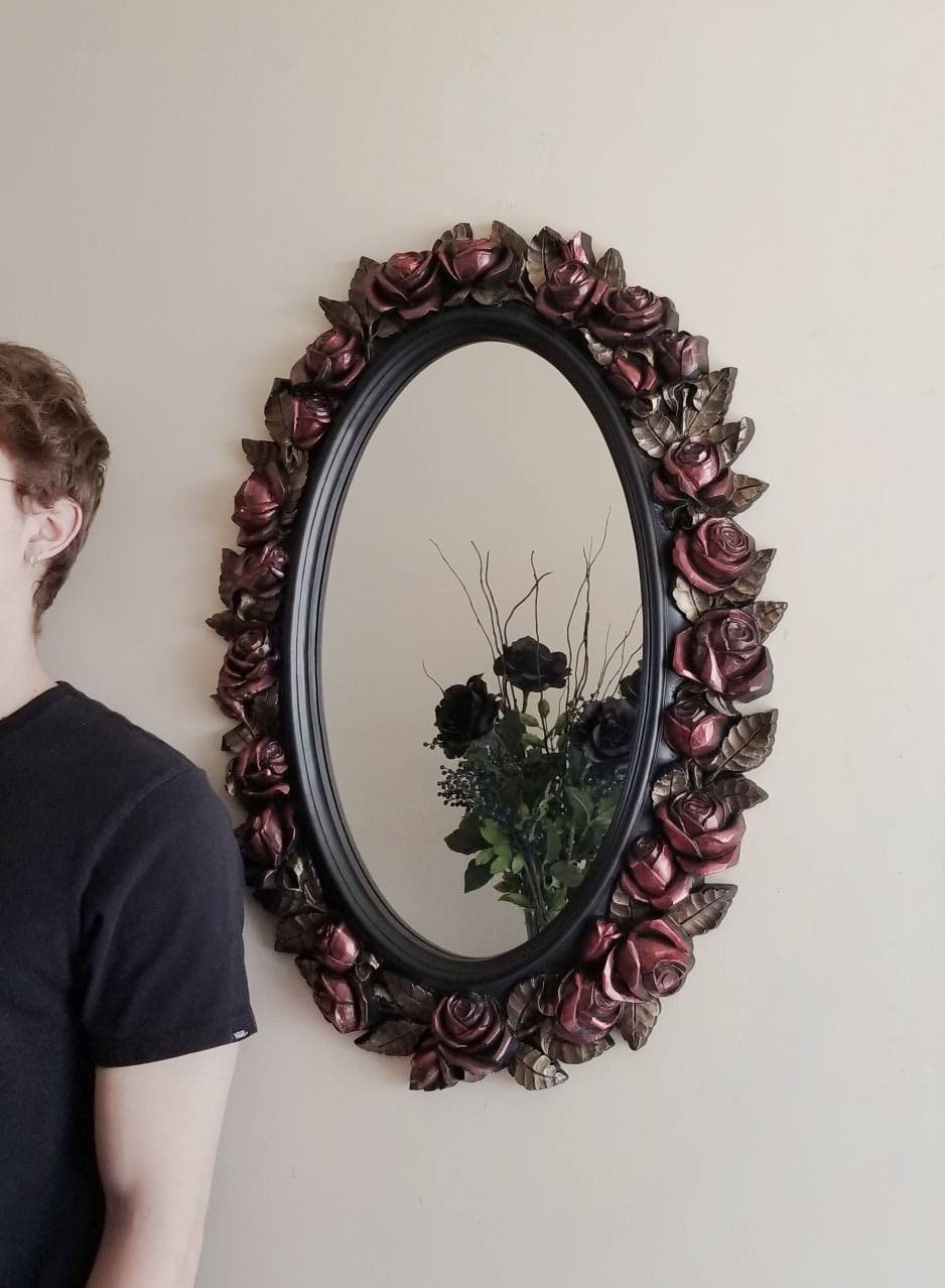 Gothic Rose Mirror | Ornate Black & Gold Oval Frame | Victorian